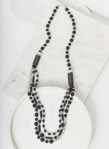 Collier long à trois rangs de perles et chaîne, Noir