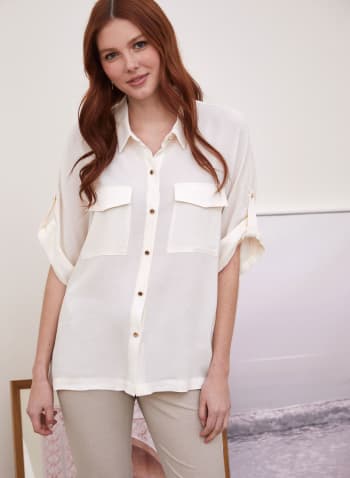 3/4 Sleeve Button-Down Blouse, Off White