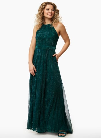 Metallic Plisse Halter Neck Dress, Green