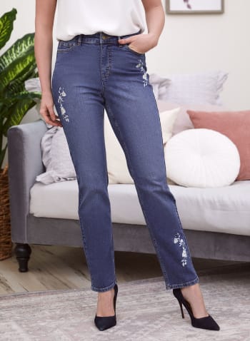 Embroidered Straight Leg Jeans, Blue
