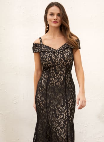 Off-the-Shoulder Glitter Lace Dress, Black Pattern