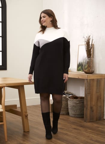 Colour Block Knit Sweater Dress, Black Pattern