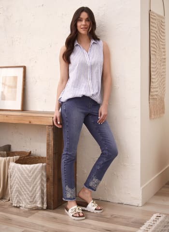 Embroidered Pull-On Jeans, Pale Blue