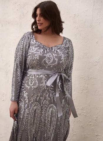Sequin Fit & Flare Dress, Silver