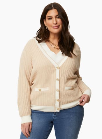 Two Tone Crested Button Cardigan, White