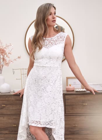 Asymmetric Lace Illusion Dress, White