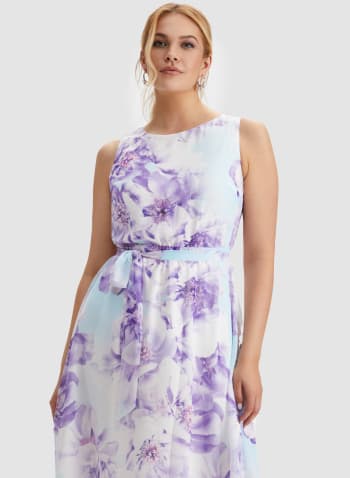 Floral Print Belted Dress, Purple Pattern