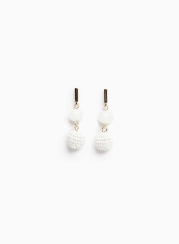 Seed Bead Ball Dangle Earrings, White