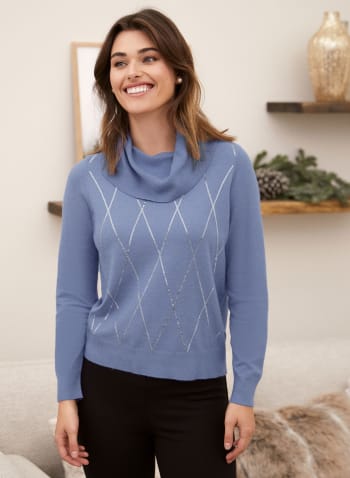 Argyle Motif Sequin Detail Sweater, Blue