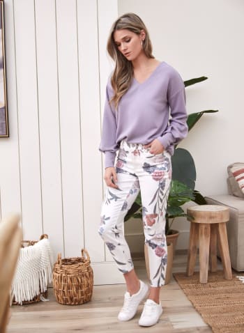 Floral Print Ankle Length Jeans, White
