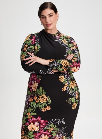 Floral Print Long Sleeve Dress, Black Pattern