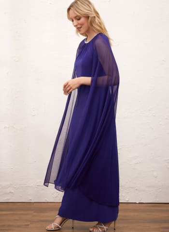 Rhinestone Trim Cape Dress, Blue