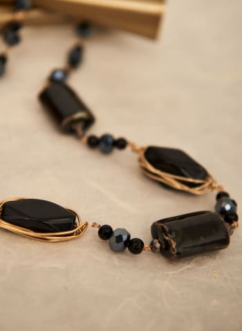Bead & Faceted Stone Necklace, Black