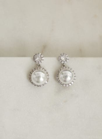 Boucles d'oreilles pendantes à perles et cristaux, Blanc cassé