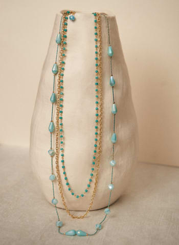 Triple Row Bead & Chain Necklace, Blue