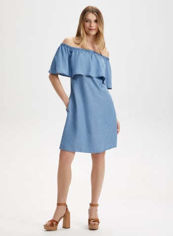 Tencel Off The Shoulder Dress, Chambray Blue 