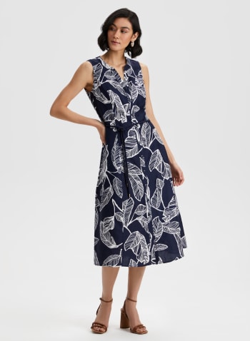 Leaf Print Midi Dress, Blue Pattern