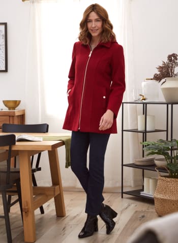 Stretch Faux Wool Hooded Coat, Red