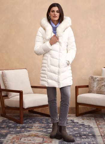 Quilted Asymmetrical Vegan Down Coat, Off White