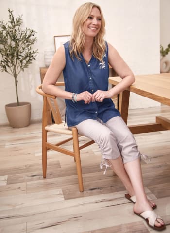 Embroidered Sleeveless Tencel Blouse, Blue