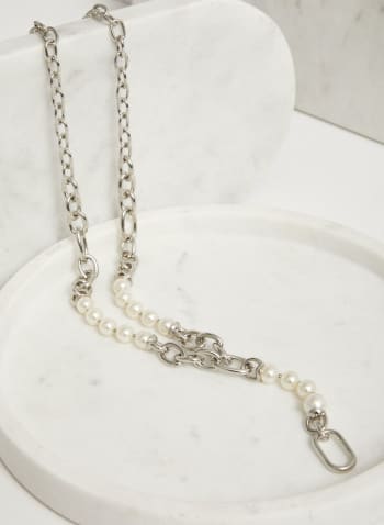 Pearl & Chain Link Y-Necklace, Off White