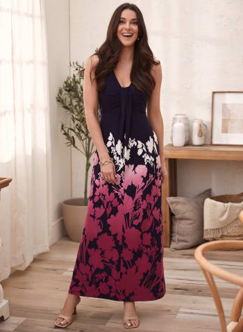Floral Placement Print Maxi Dress, Blue Pattern