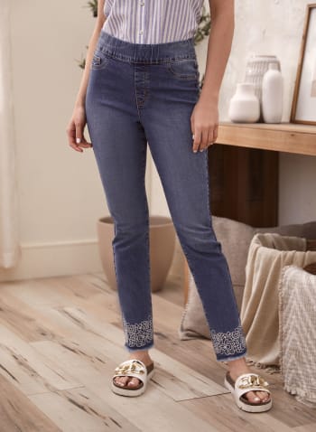 Embroidered Pull-On Jeans, Pale Blue