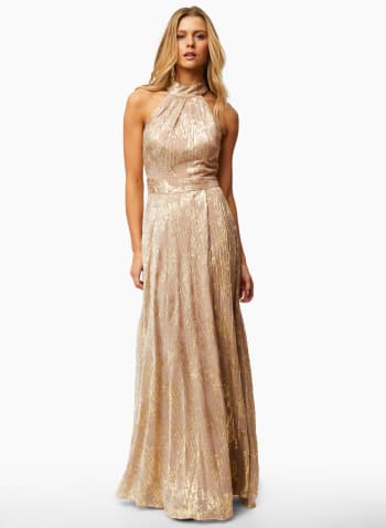 Metallic Plisse Halter Neck Dress, Gold