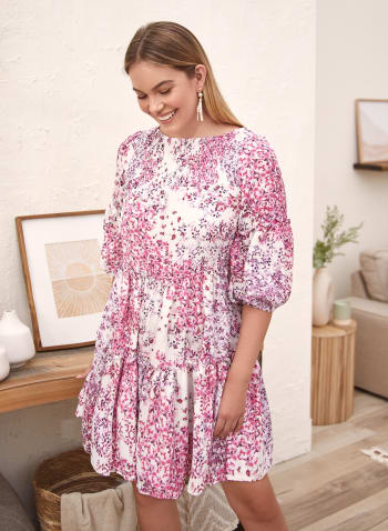 Smocked Floral Print Dress, White Pattern