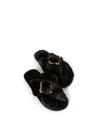 Faceted Stone Buckle Slippers, Black