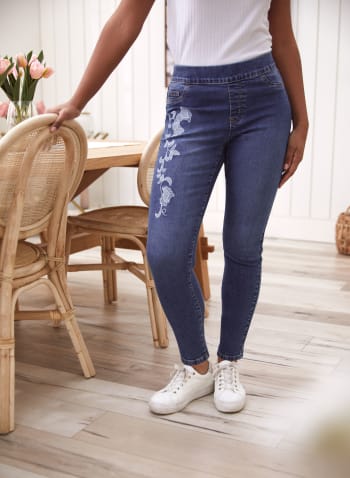 Embroidered Pull-On Jeans, Indigo Blue