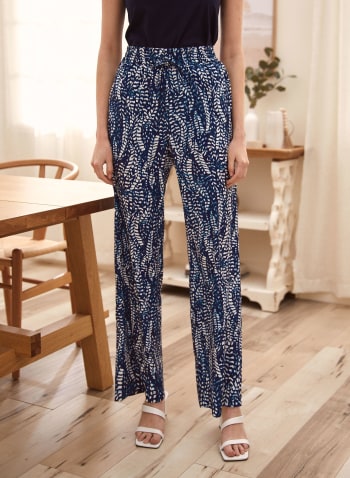 Pull-on Feather Print Wide Leg Pants, Blue Pattern