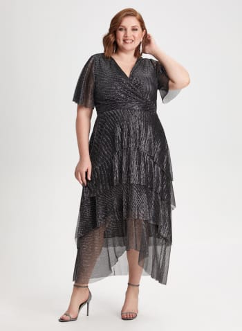 Asymmetric Tiered Metallic Dress, Black Pattern