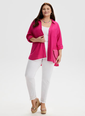 Roll-Up Sleeve Linen-Blend Blouse, Pink
