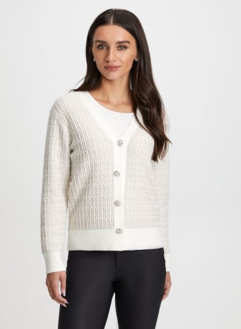Rhinestone Button Knit Cardigan, White Pattern