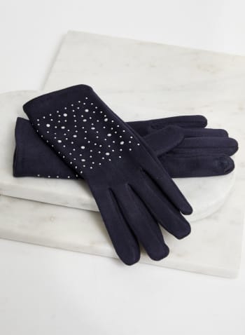 Rhinestone Detail Faux Suede Gloves, Blue