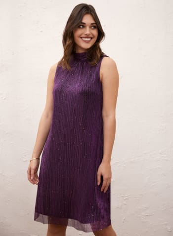 Mock Neck Metallic Plisse Dress, Purple Pattern