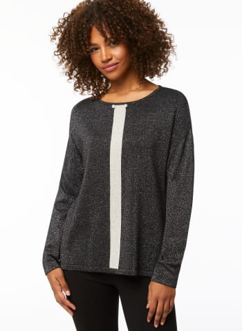 Rhinestone Stripe Metallic Knit Sweater, Black