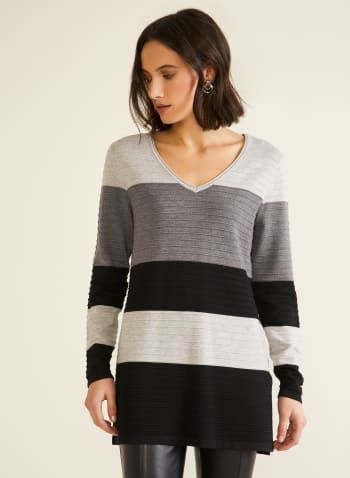 Colour Block V-Neck Sweater, Grey Pattern