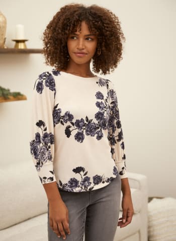 Contrast Rose Print Top, Off White