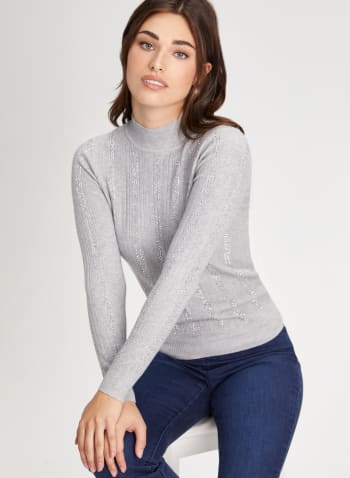 Rhinestone Embellished Mock Neck Sweater, Light Grey Mix