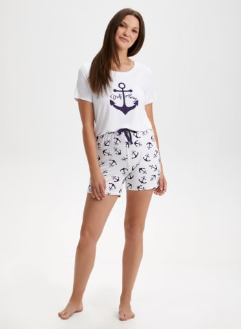 Short pyjama à motif ancres de bateau, Marine et blanc