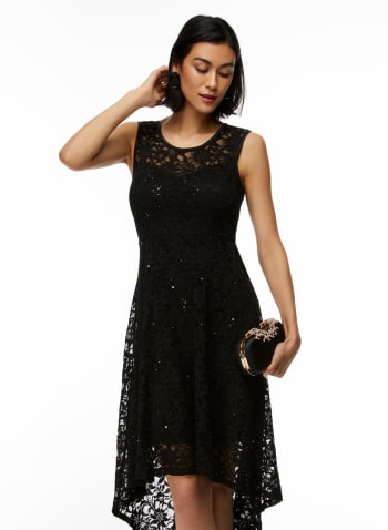 High-Low Lace & Sequin Dress, Black