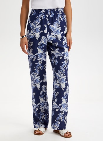 Floral Print Pull-On Pants, Blue Pattern
