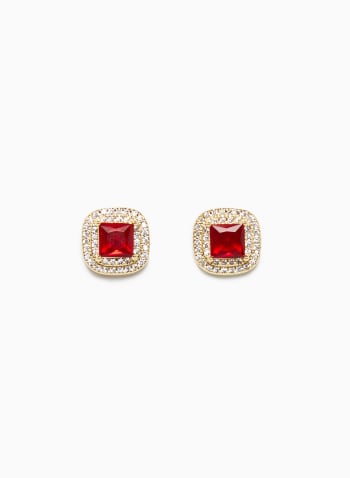 Boucles d'oreilles carrées à pierre et cristaux, Motif rouge