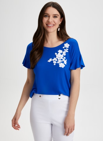 T-shirt à volants et appliqué floral, Bleu de Méditerranée 