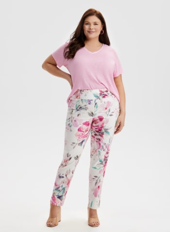 Floral Print Pull-On Pants, White Pattern