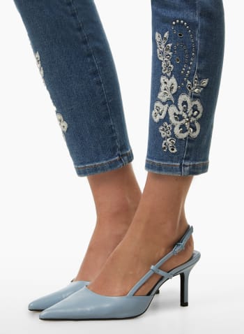 Embroidered Slim Leg Jeans, Blue