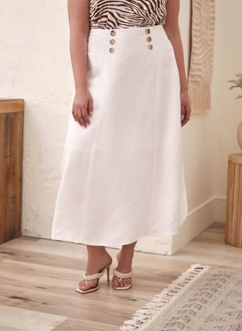 Button Detail Linen-Blend Skirt, White