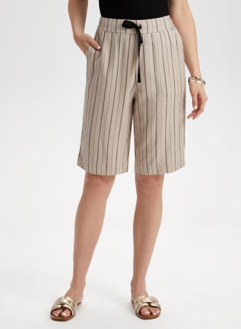 Stripe Print Linen-Blend Shorts, Mushroom Mix
